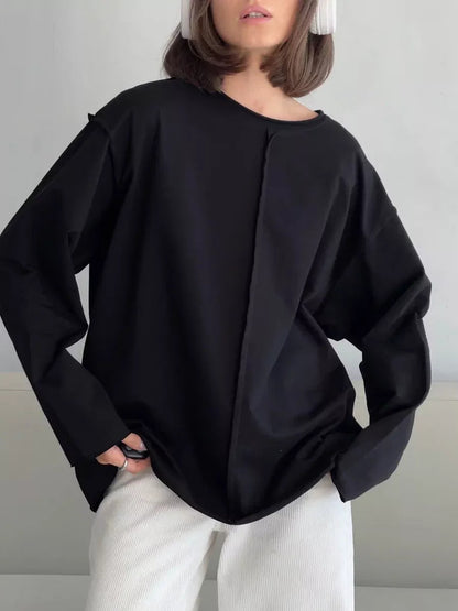 Worn-out Pure Cotton Long Sleeve T-Shirt for Women, Loose Soft Knitted Terry Cloth Top