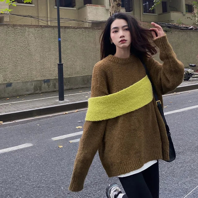 Women Sweater Patchwork Color Matching Pullover Sweater Tops Asymmetry Fashion Loose Knitting Tops Women
