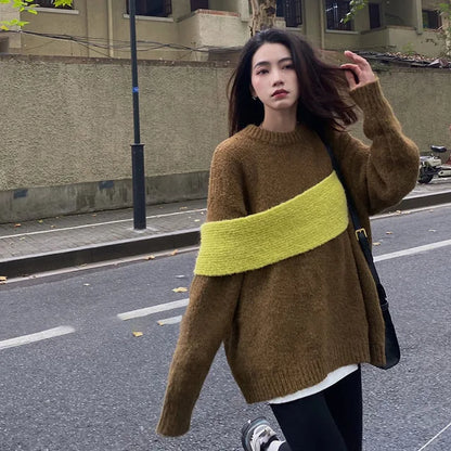 Women Sweater Patchwork Color Matching Pullover Sweater Tops Asymmetry Fashion Loose Knitting Tops Women