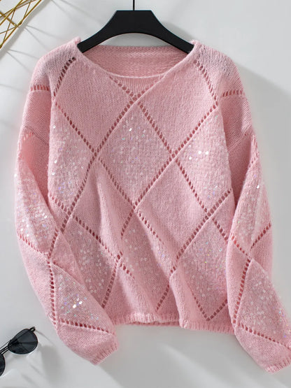 Fashion hollow sequin knitted sweater for women autumn and winter diamond grid pullover loose sweater for women