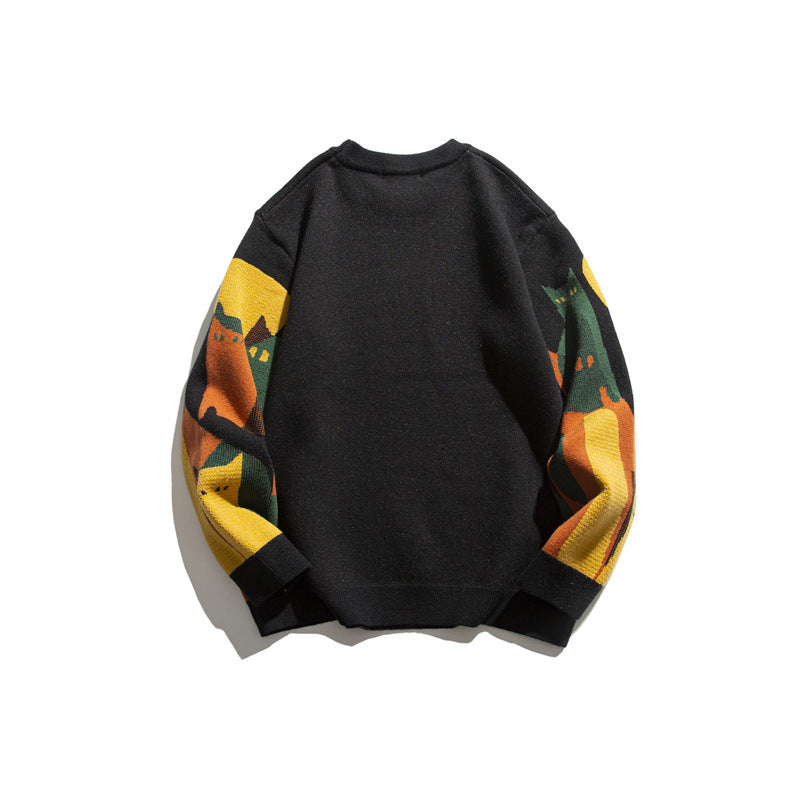 Jacquard round neck sweater loose knit sweater for men