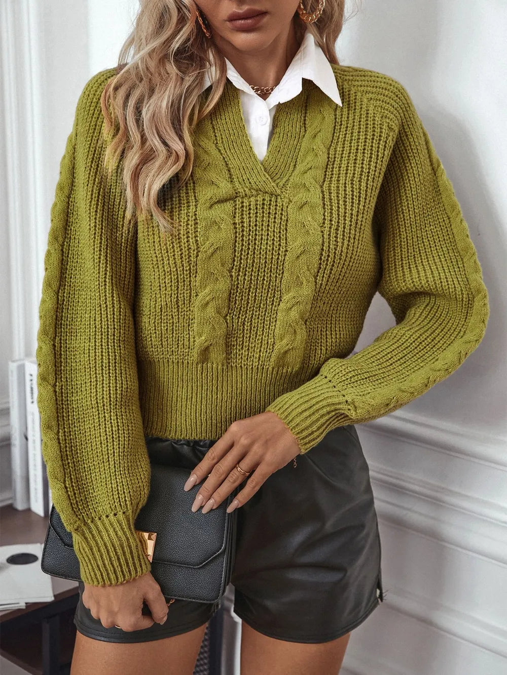 Casual shirt collar splicing fake two-piece sweater set for women