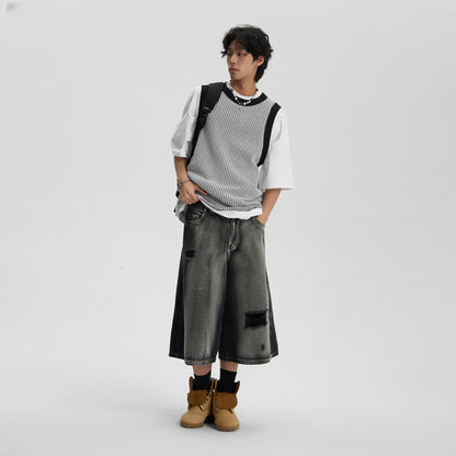 Retro ripped denim shorts for men