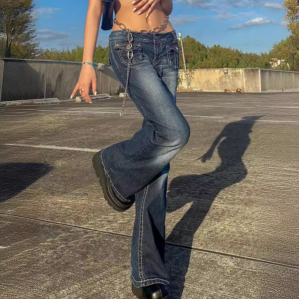 Multi pocket slim fit flared jeans for women