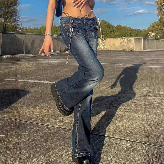 Multi pocket slim fit flared jeans for women