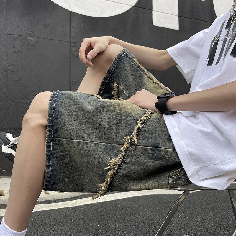 Retro fringed denim shorts for men