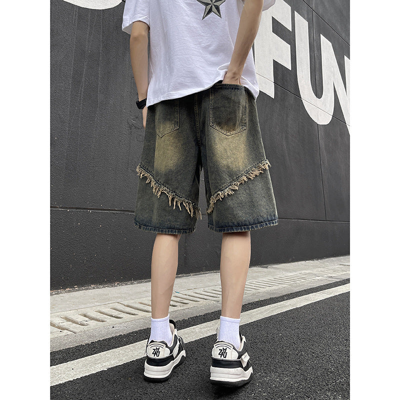 Retro fringed denim shorts for men