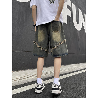 Retro fringed denim shorts for men