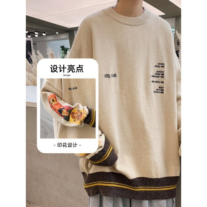 Sweater for men in autumn and winter, thickened round neck, oversized, loose, retro Japanese knit sweater, trendy outerwear for