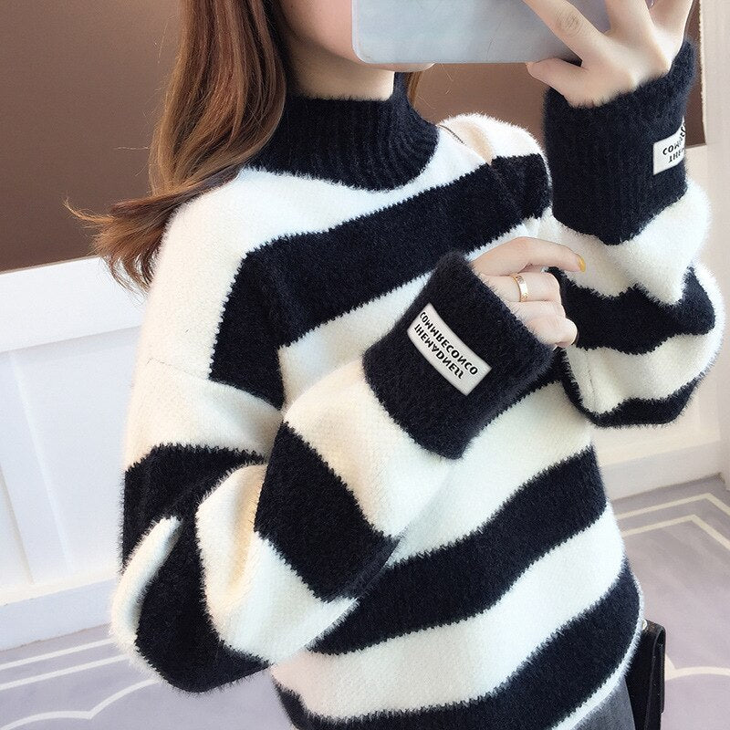 Sweater Women Turtleneck Pullover Jumper Stripe Thick Sweater Imitated Mink Wool Sweater Sweter Women Clothes
