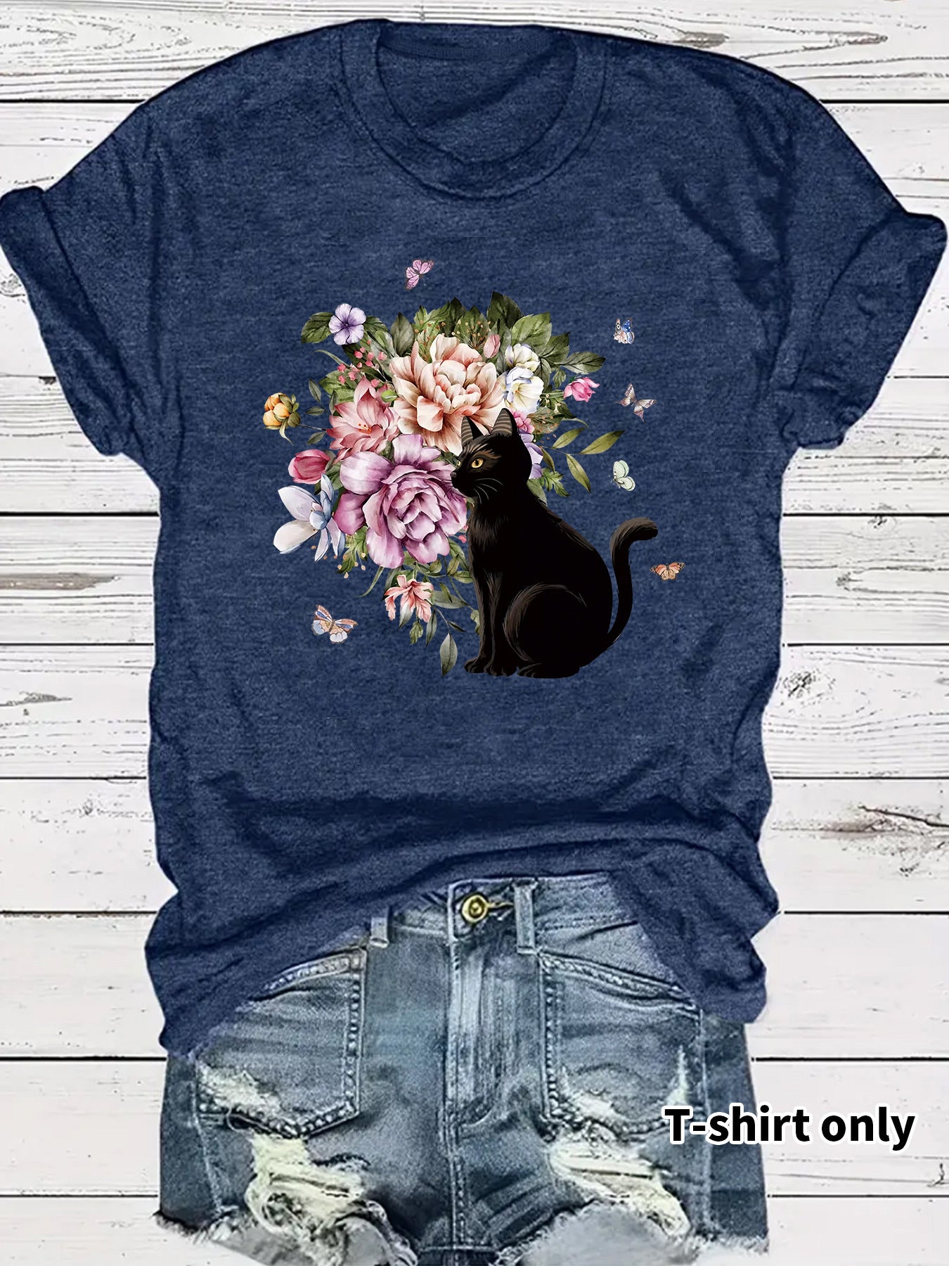 Round neck short sleeved t-shirt with lonely cat print