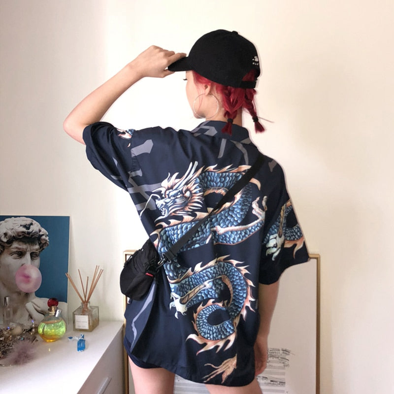 Summer Spring Women Blouses BF style oversized shirts Harajuku Tops Dragon Printing Short Sleeve Shirts Female Streetwear
