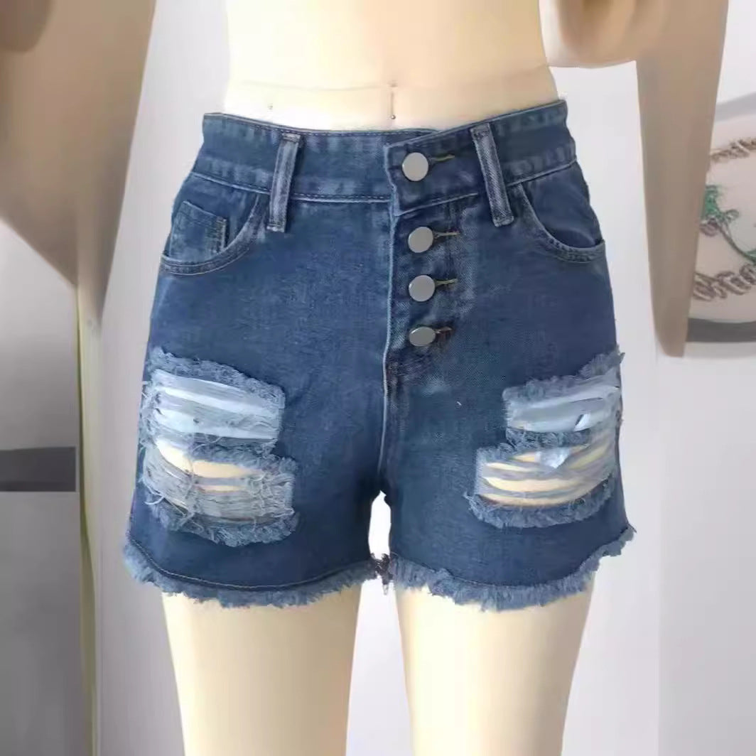 Broken hole tassel denim shorts for women