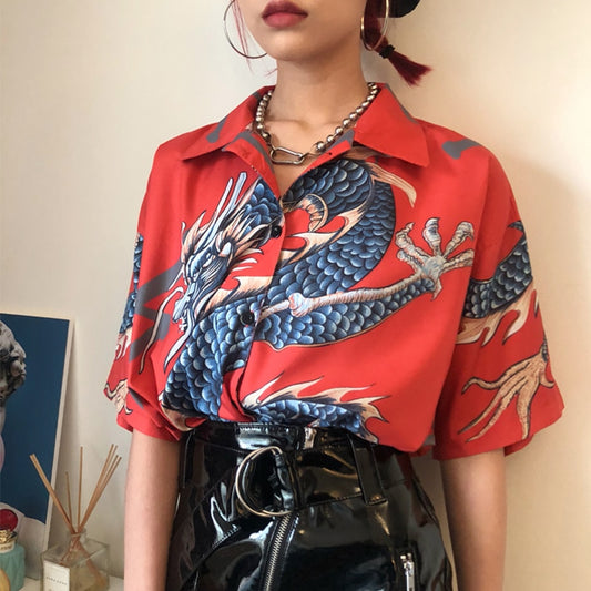 Summer Spring Women Blouses BF style oversized shirts Harajuku Tops Dragon Printing Short Sleeve Shirts Female Streetwear