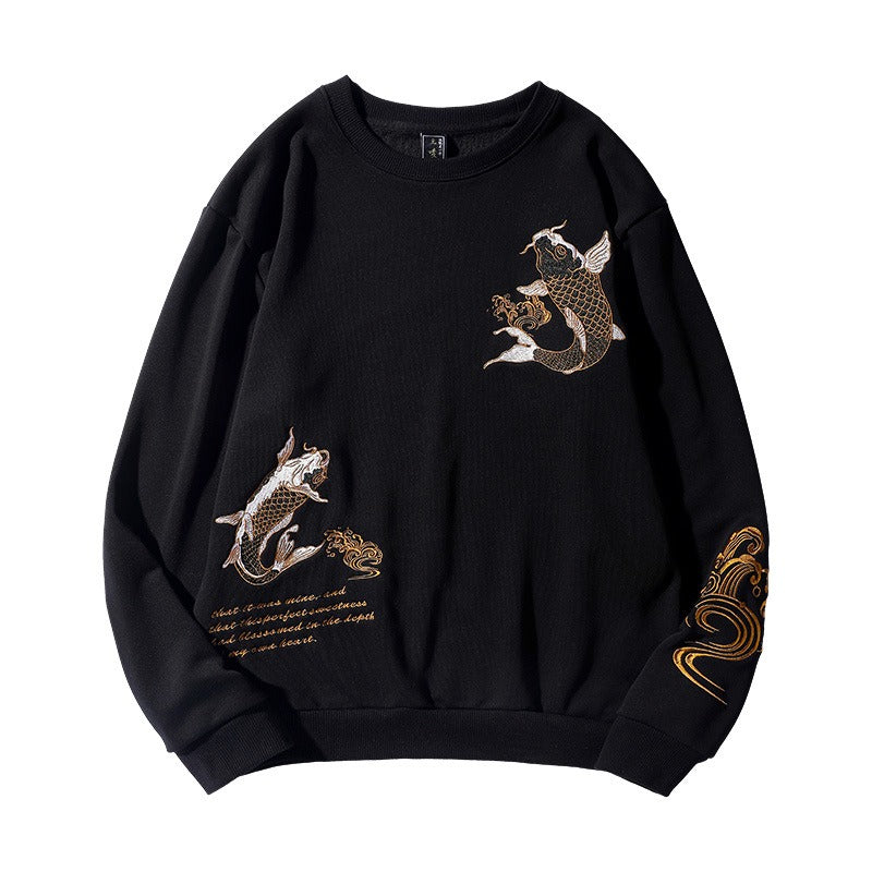 Round neck pullover heavy industry embroidered koi loose large size pure cotton sweatshirt for men