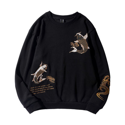 Round neck pullover heavy industry embroidered koi loose large size pure cotton sweatshirt for men