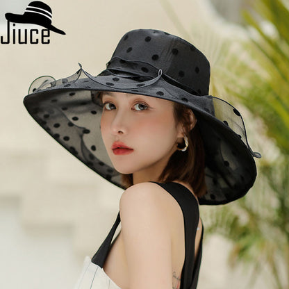 Organza Polka Dot Big Brim Hat Female Wavy Beach Hat Outdoor Sun Hat Summer