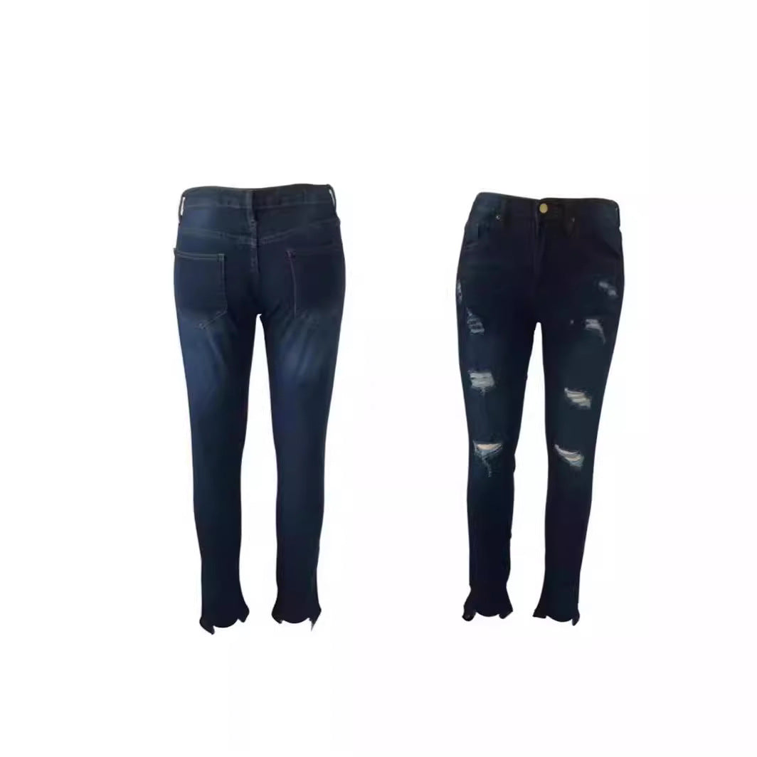 High waisted ripped elastic jeans for women