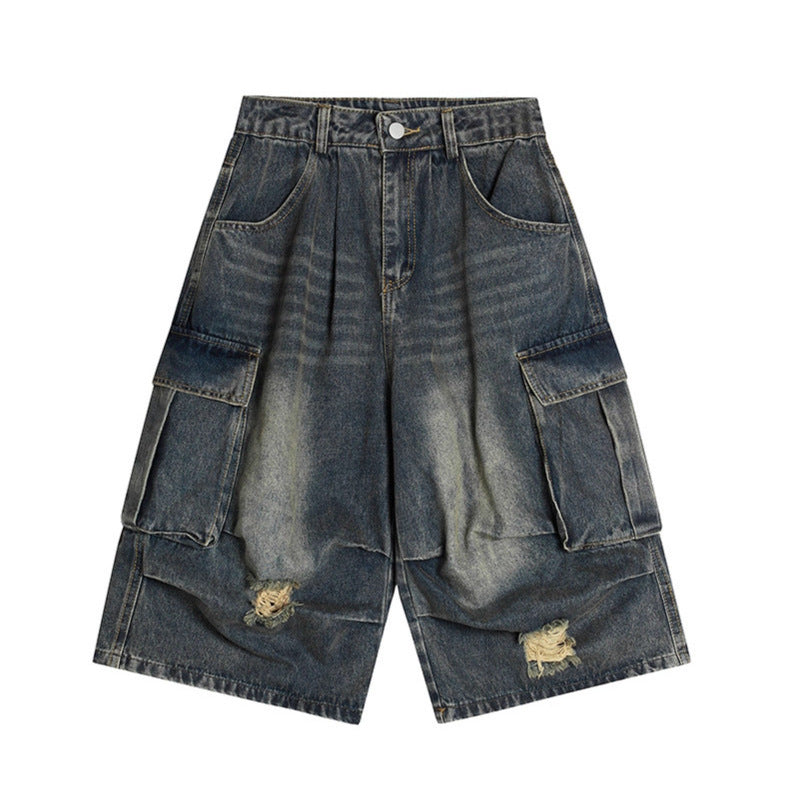Washed multi pocket workwear denim shorts for men