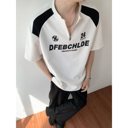 Printed half zipper round neck short sleeved T-shirt for men