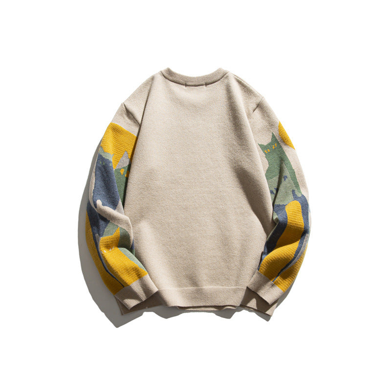 Jacquard round neck sweater loose knit sweater for men