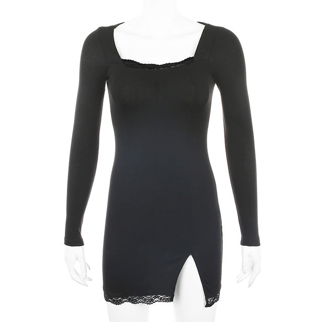 Autumn Spring Women Sexy Lace Patchwork Long Sleeve Split Dress Hip Package Mini Vestido Party Club Low Chest Outfits Cloth