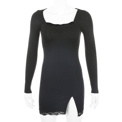 Autumn Spring Women Sexy Lace Patchwork Long Sleeve Split Dress Hip Package Mini Vestido Party Club Low Chest Outfits Cloth