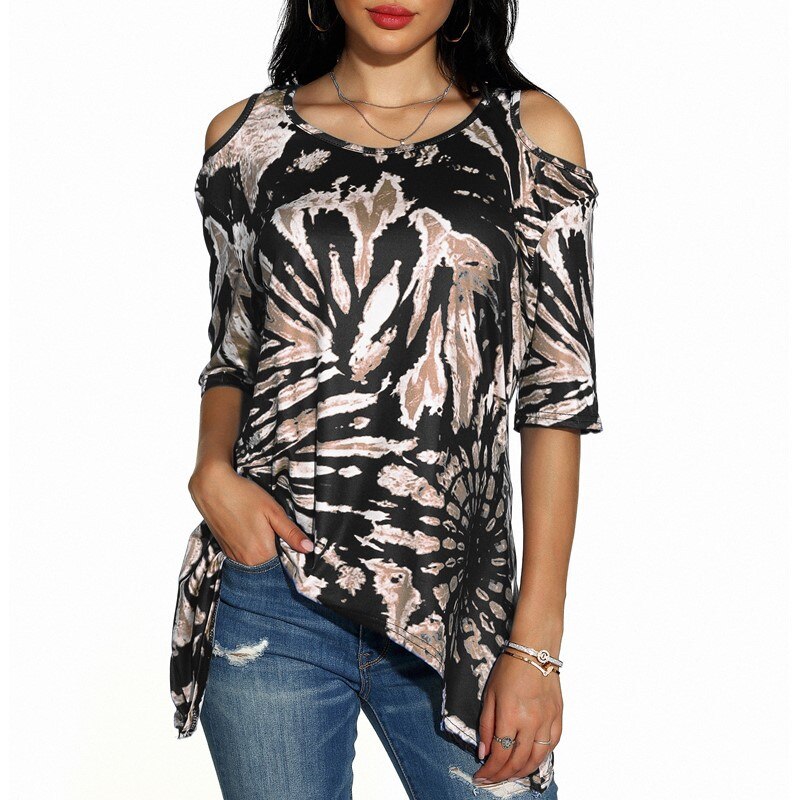 Drop Ship Women Summer Tie-dye Print Leakage Shoulder Tshirt Half Sleeve Women Loose Casual Print Shirts Top Womens Tees