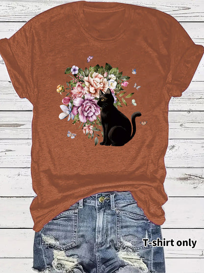 Round neck short sleeved t-shirt with lonely cat print