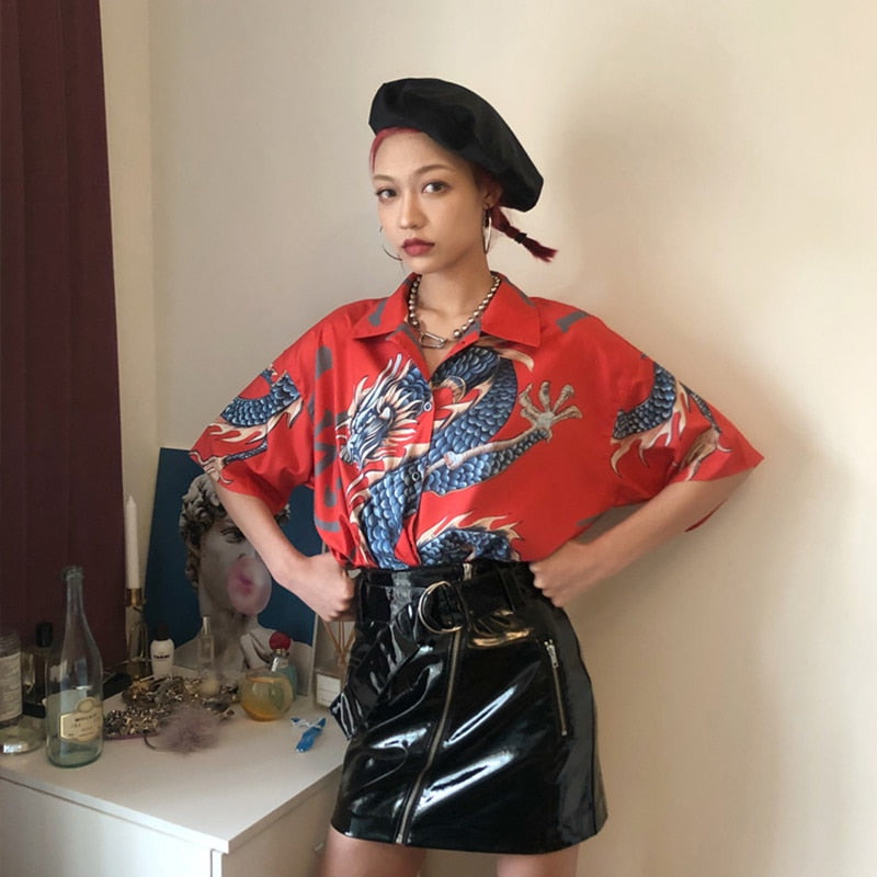 Summer Spring Women Blouses BF style oversized shirts Harajuku Tops Dragon Printing Short Sleeve Shirts Female Streetwear
