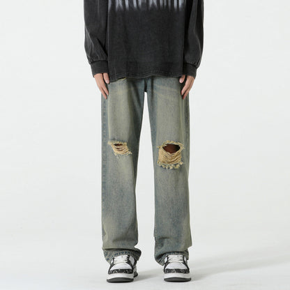 Hole-Designed Straight Leg Jeans for Men