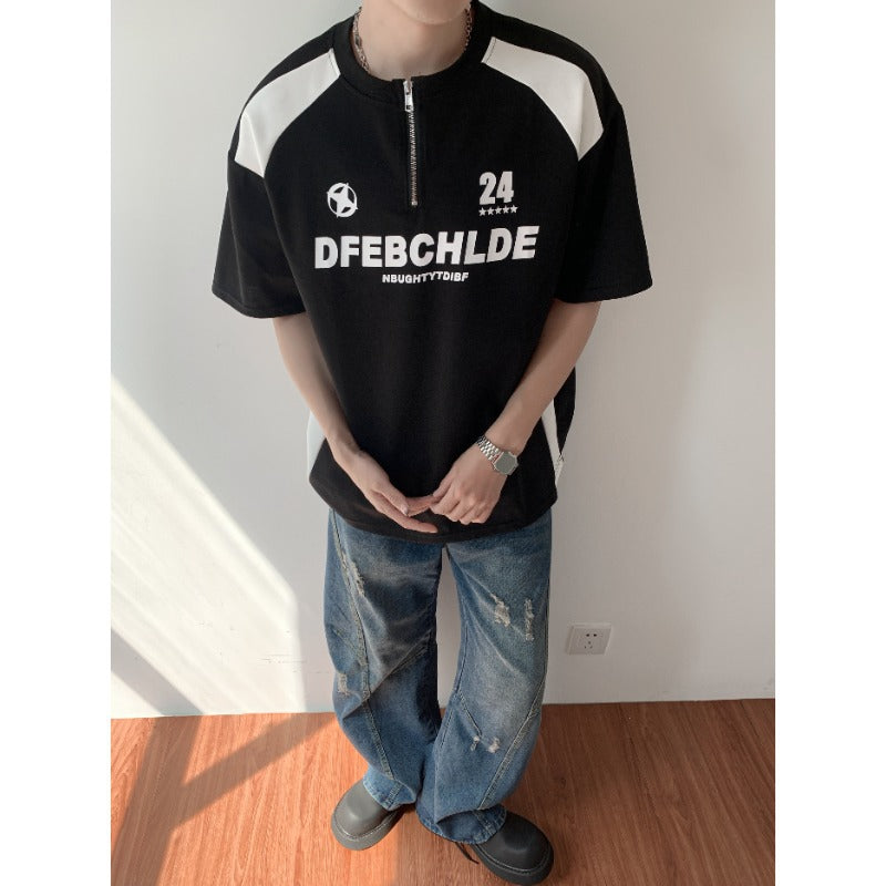 Printed half zipper round neck short sleeved T-shirt for men