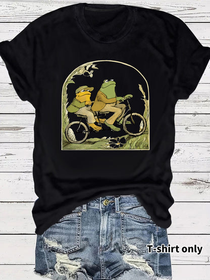 Frog riding bicycle printed short sleeved shirt