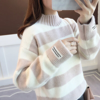 Sweater Women Turtleneck Pullover Jumper Stripe Thick Sweater Imitated Mink Wool Sweater Sweter Women Clothes