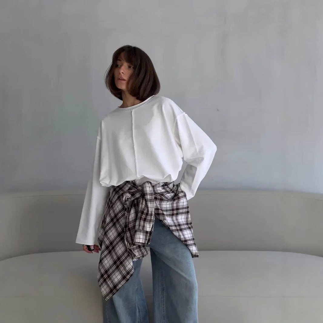 Worn-out Pure Cotton Long Sleeve T-Shirt for Women, Loose Soft Knitted Terry Cloth Top