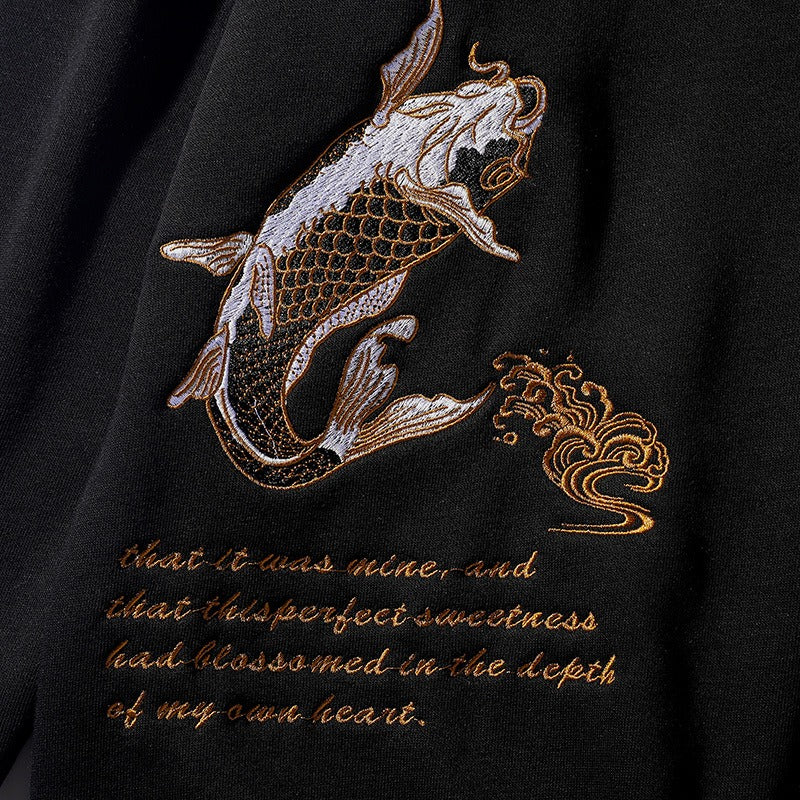 Round neck pullover heavy industry embroidered koi loose large size pure cotton sweatshirt for men