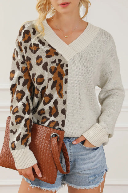 V-neck long sleeved top for women European and American fashion versatile leopard print knitted sweater for women