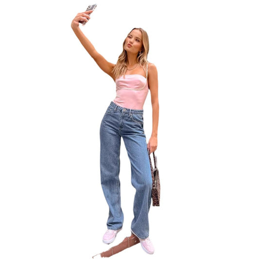 Straight bow denim pants for women