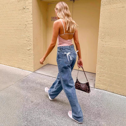 Straight bow denim pants for women