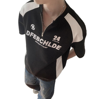 Printed half zipper round neck short sleeved T-shirt for men