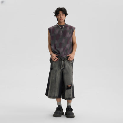 Retro ripped denim shorts for men