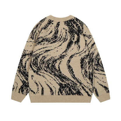 Letter embroidery loose round neck pullover knitted sweater for men