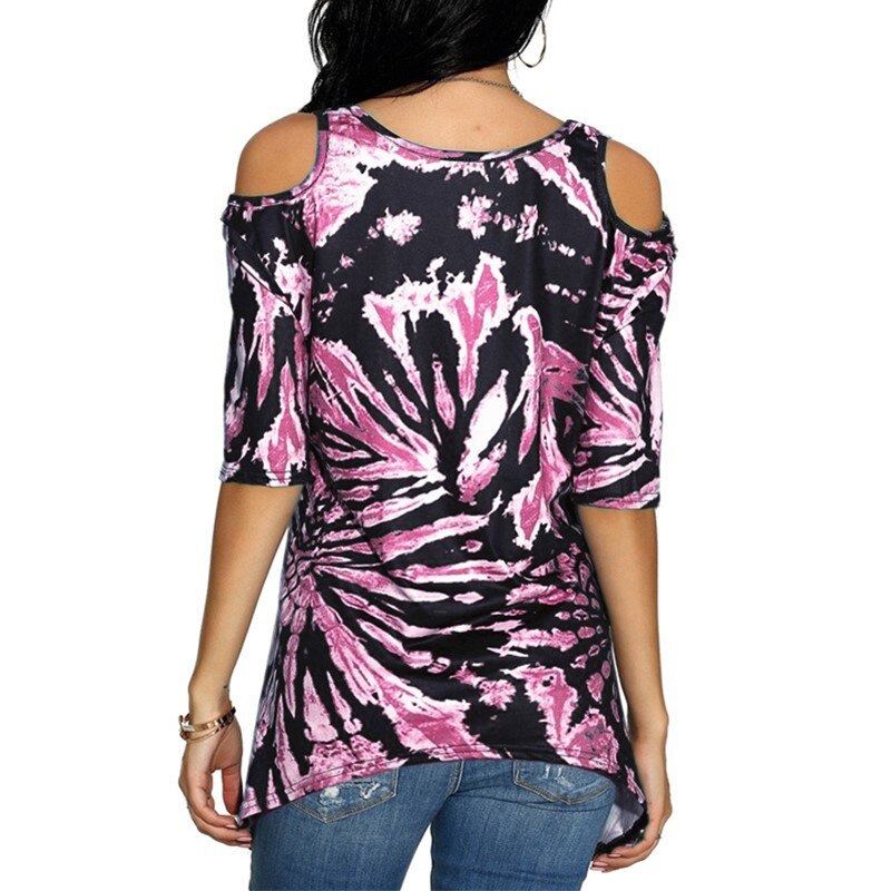 Drop Ship Women Summer Tie-dye Print Leakage Shoulder Tshirt Half Sleeve Women Loose Casual Print Shirts Top Womens Tees