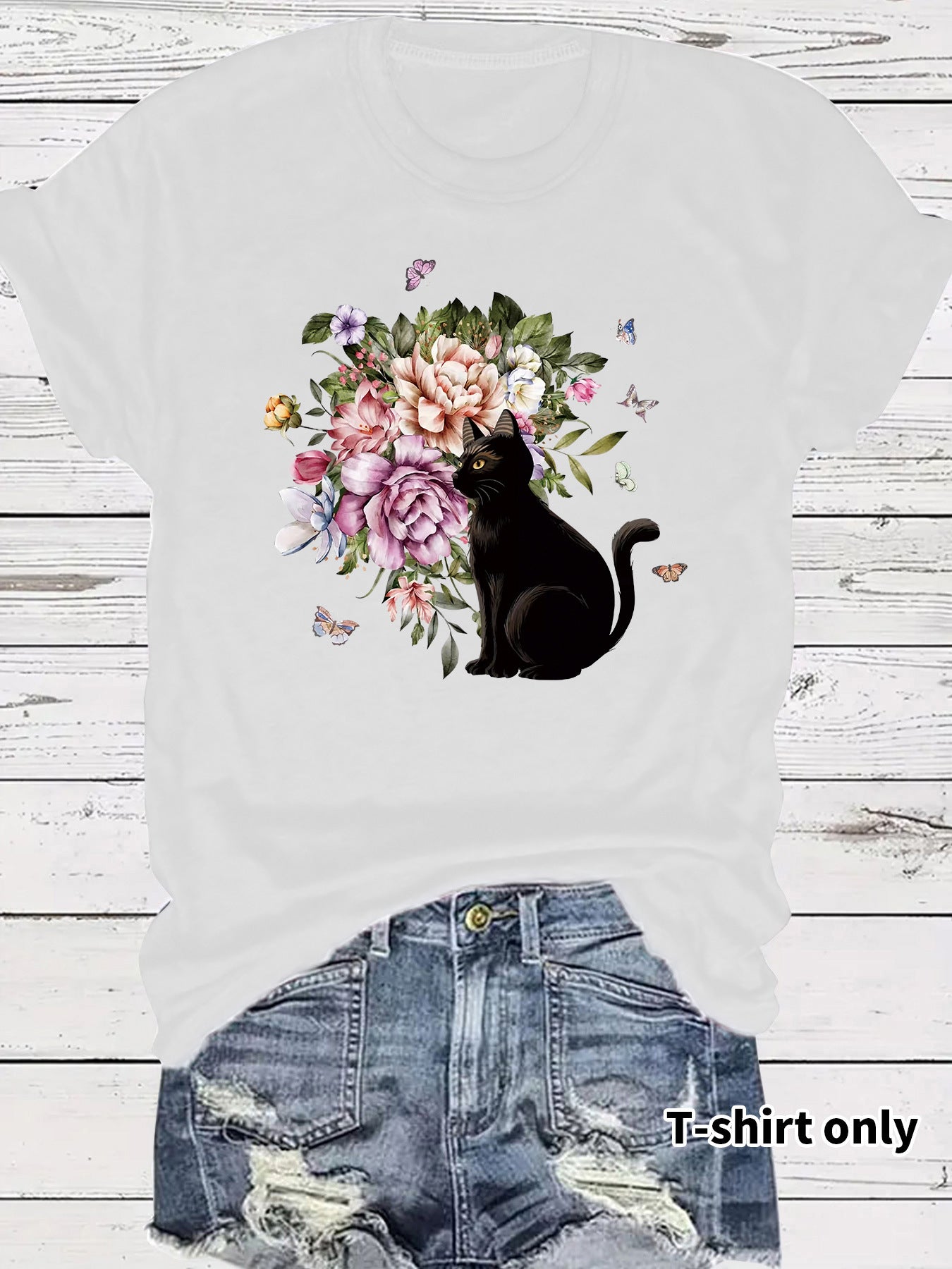 Round neck short sleeved t-shirt with lonely cat print
