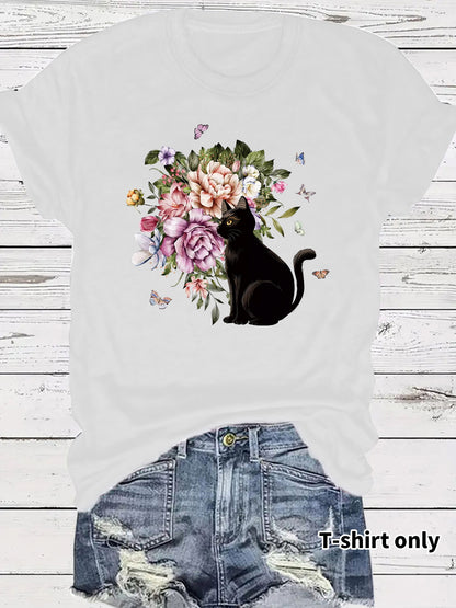 Round neck short sleeved t-shirt with lonely cat print