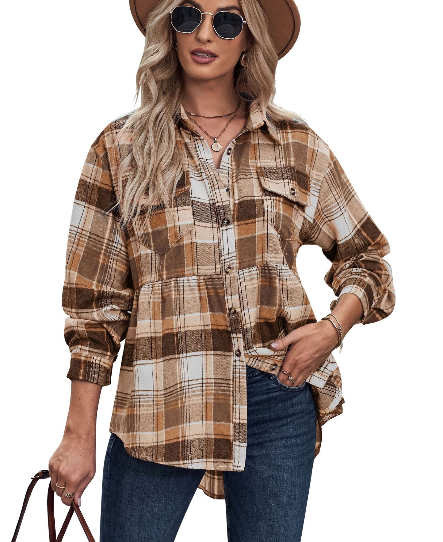 Women's Upper Garment Autumn And Winter New Product Lapel Long Sleeve Pocket Casual Plaid Shirt