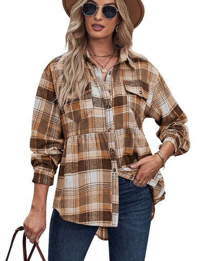 Women's Upper Garment Autumn And Winter New Product Lapel Long Sleeve Pocket Casual Plaid Shirt