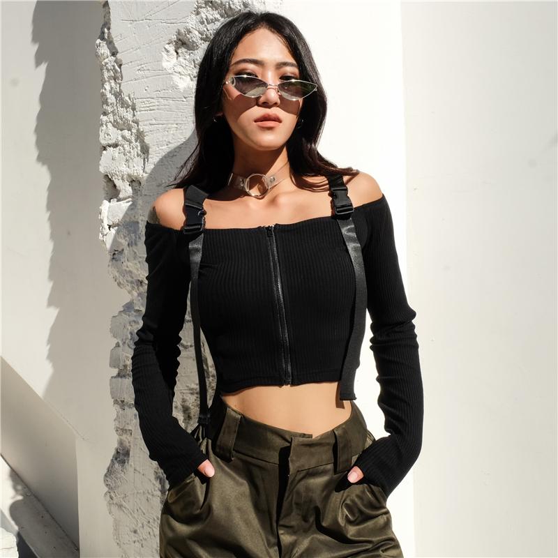 OFF SHOULDER BUCKLE STRAP CROP TOP SHIRT
