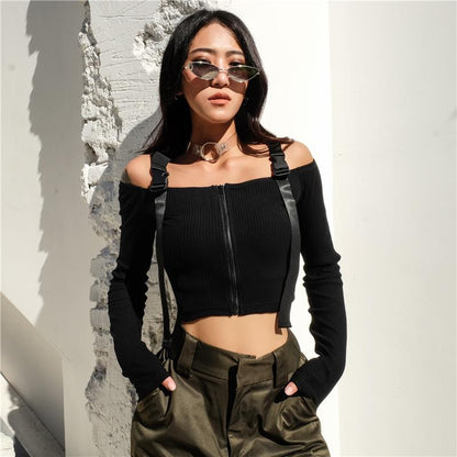 OFF SHOULDER BUCKLE STRAP CROP TOP SHIRT