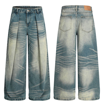 Street Style High-End Vintage Cat-Whisker Texture Pleated Design Men's Wide-Leg Casual Jeans